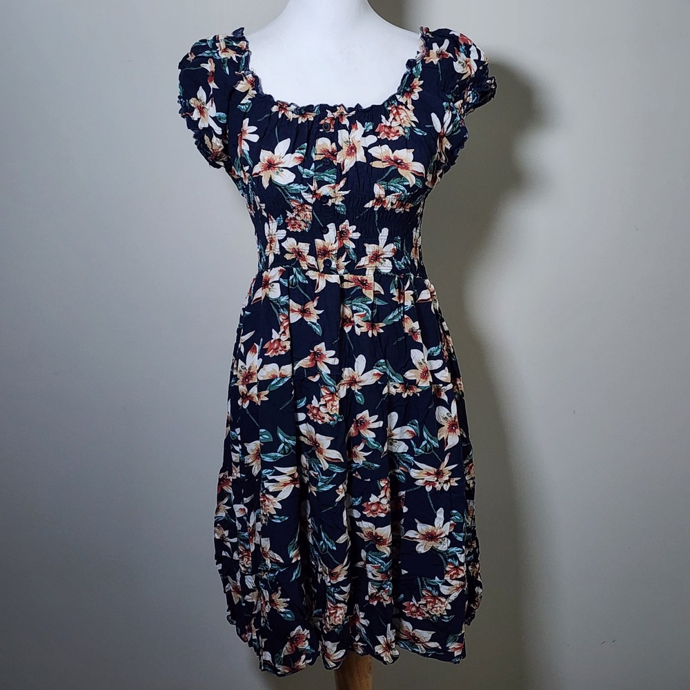 Julia Floral Smocked Waist Dress Womens XL Navy Cottagecore Farmhouse Cotton